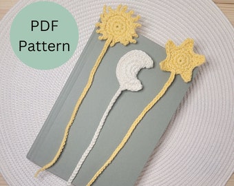 Conjunto de patrones de crochet para marcapáginas de sol, luna y estrellas / Patrón de crochet para principiantes / Linda manualidad para marcapáginas celestial / Regalo para amantes de los libros