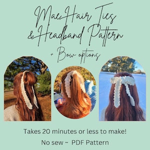 Puede incluir: Un patrón de crochet para hacer lazos para el pelo y diademas con opciones de lazo. El patrón incluye instrucciones para hacer tres estilos diferentes de lazos para el pelo y diademas, todos hechos con hilo blanco. El patrón está disponible para descargar en PDF y tarda 20 minutos o menos en hacerse.