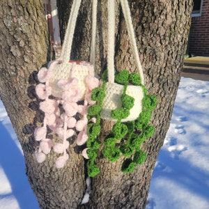 May include: Two crocheted hanging plant pots with white yarn and pink and green crocheted embellishments. The pots are hanging from a tree branch.