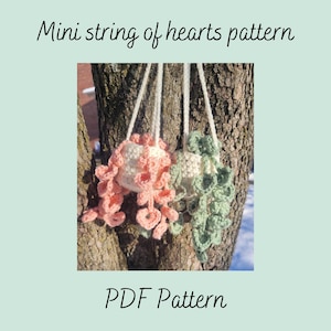 以下が含まれることがあります： Mini string of hearts pattern PDF Patternというタイトルの編み図で、2つの吊り下げ式プランターと垂れ下がる蔓が描かれています。片方のプランターには淡いピンク色のハート型の葉があり、もう片方には淡い緑色のハート型の葉があります。