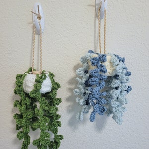 May include: Two handmade crochet plant hangers. One has green foliage, the other blue. Both are suspended from the wall by a cord attached to a white hook. The crochet work has a textured, three-dimensional appearance.