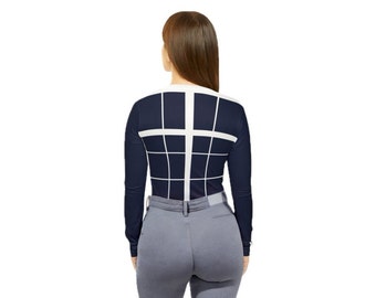 Camisa Ecuestre "Jinete Recto" - Azul Marino/Blanco, Camisa de Montar para Mujer, Manga Larga y Cuello en V - Herramienta de Entrenamiento de Doma - Ropa de Montar