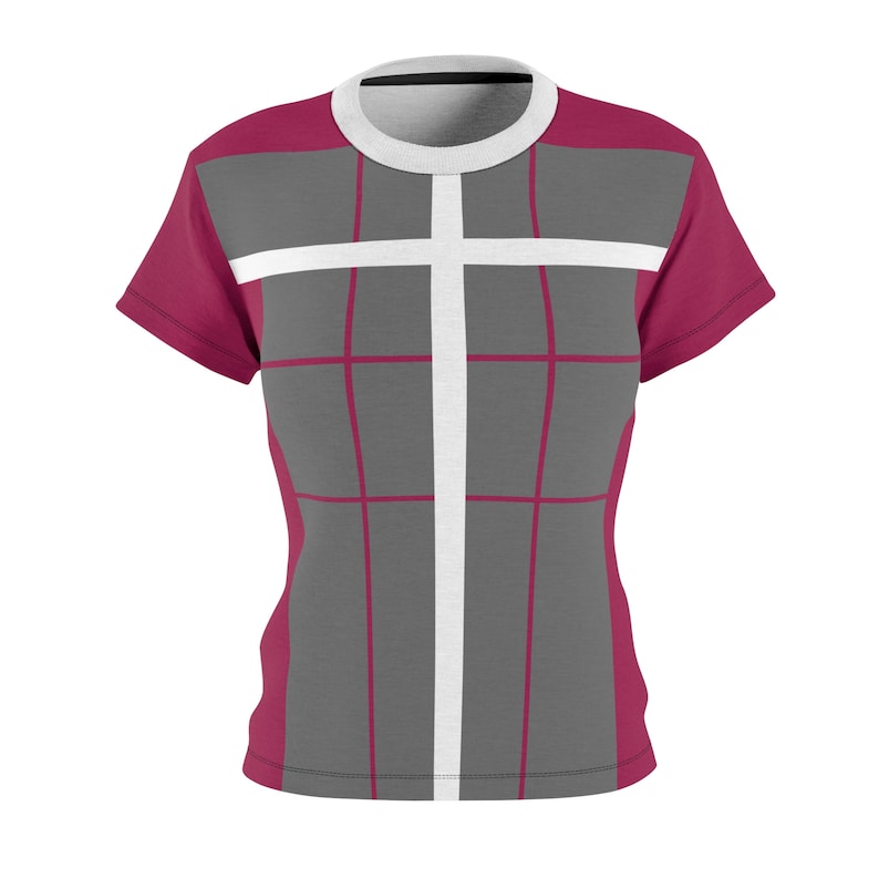 Puede incluir: Una camiseta para mujer con un dise&ntilde;o geom&eacute;trico. La camiseta es burdeos con un patr&oacute;n de cuadr&iacute;cula gris y blanco.