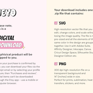 May include: A pink and white digital download graphic with the text "HEYO" and "DIGITAL DOWNLOAD". The text "Please note, this is a" is also included. The graphic states that the download includes one zip file containing SVG and PNG files.