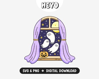 Spooky Night Scene PNG SVG | Cute Haunting Ghost | Halloween Pumpkin | Cozy Fall Season | Trendy Digital Design for Stickers, Shirts, Crafts