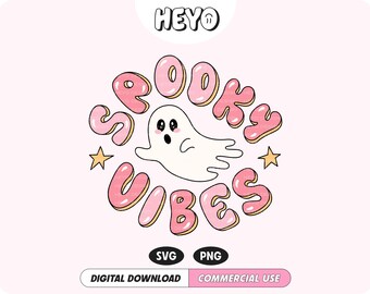 May include: Pink and white donut-shaped letters spell out "Spooky Vibes" with a cute ghost in the center. The text "Heyo" is at the top of the image. The words "Digital Download" and "Commercial Use" are at the bottom of the image.
