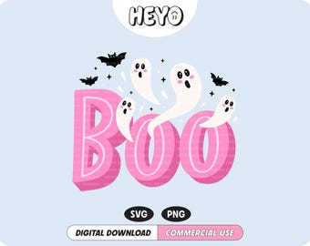 May include: Pink "BOO" text with cute cartoon ghosts and bats on a light blue background.  The text is in a bold, playful font.