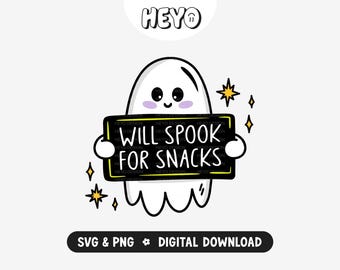 Cute Ghost SVG PNG | Will Spook for Snacks | Halloween  Spooky Season Humor | Trendy Digital Design for Stickers, Shirts, Crafts