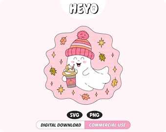 Cute Ghost Pumpkin Spice Latte SVG PNG File Fall Vibes Autumn Leaves Spooky Halloween Trendy Digital Design for T-Shirts, Stickers, Cups etc