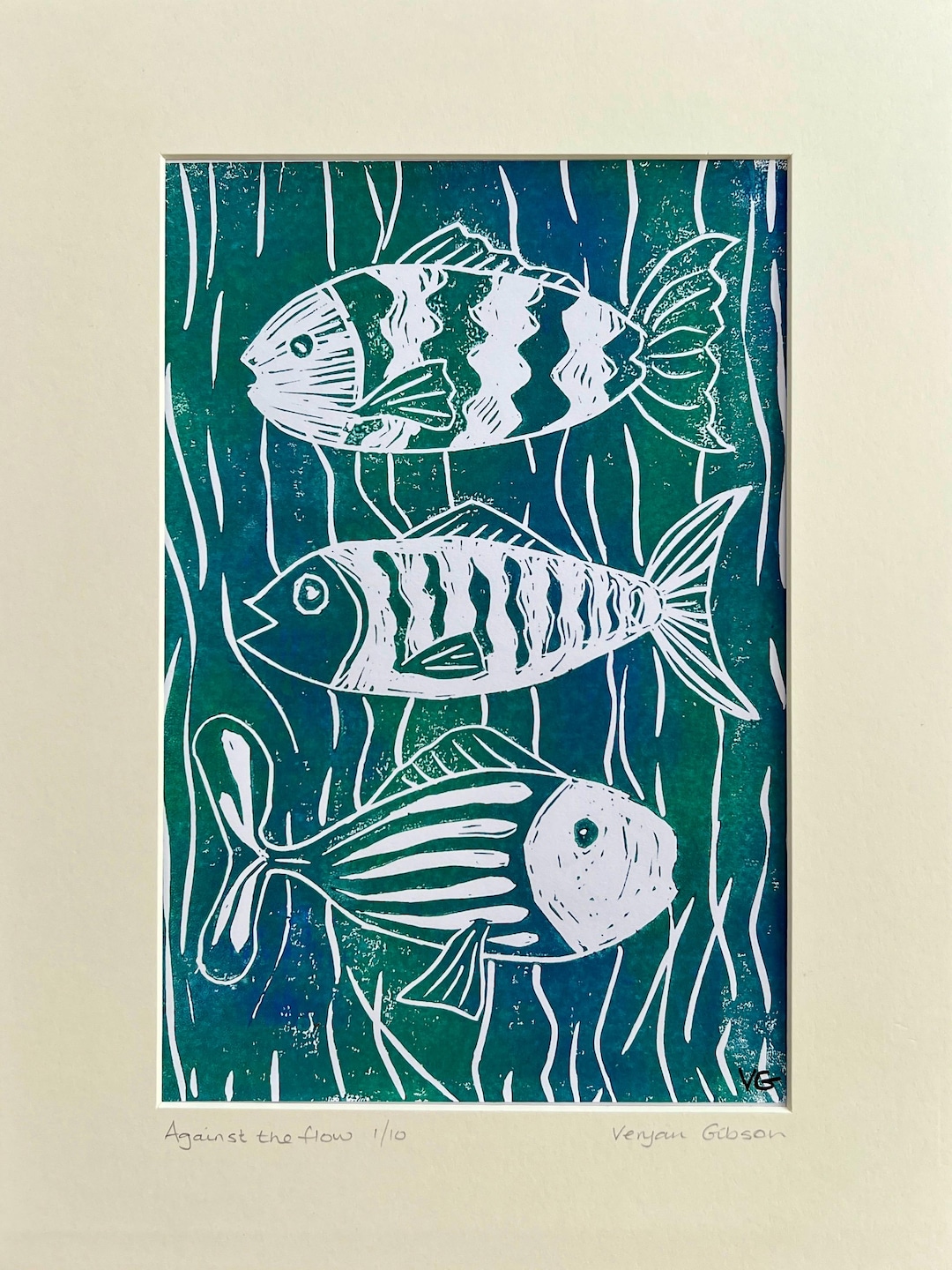 Three Fish Lino Print From Original Lino Cut. Green/blue - Etsy