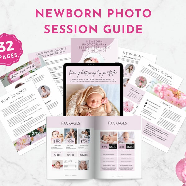 Newborn Photography Service & Pricing Guide Canva Template, Photography Price List, Marketing Brochure, Printable, Instant Download, Pink