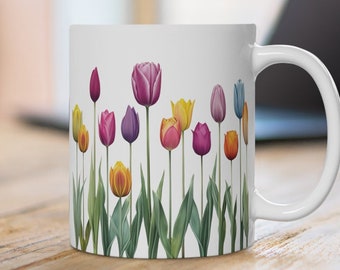 Taza de flores de tulipán, flor colorida, regalo para abuela mamá novia, taza de té, taza floral, taza de flores, Día de la Madre, tulipanes