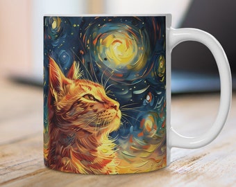 Taza gato estilo Van Gogh, gato de arte, taza tomcat, regalo para los fanáticos de los gatos, esposa novia colega, gatos de taza, arte de taza de té