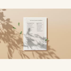 May include: A white paper titled "Nervous System Soothers" with a list of grounding techniques, emotional reset ideas, and quick calming actions. The paper is on a beige surface with shadows and green leaves.