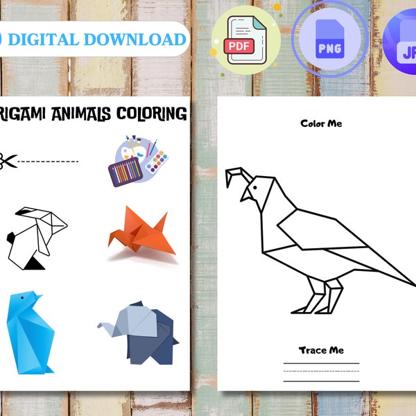 Origami animals coloring books | Origami Animals Printable Pages | AnimalsOrigami PDF & PNG-JPG - Instant Download