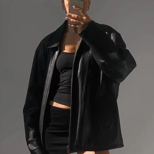 Women Oversize Black Moto Style Bomber Jacket, Original Lambskin Soft Real Leather Jacket , natural leather, Gift for her, gift for women