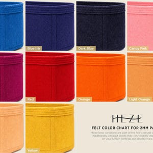 The image is a color chart for a 2mm part 2 of a felt product, displaying various shades of blue, pink, orange, and yellow.