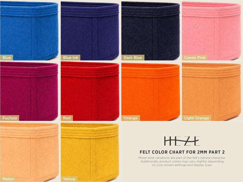 The image is a color chart for a 2mm part 2 of a felt product, displaying various shades of blue, pink, orange, and yellow.