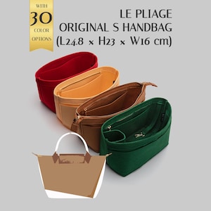 May include: An assortment of colorful handbag organizers in red, tan, brown, and green, with a brown tote bag in the foreground. The image includes text that reads "LE PLIAGE ORIGINAL S HANDBAG (L24.8 x H23 x W16 cm)" and "WITH 30 COLOR OPTIONS".