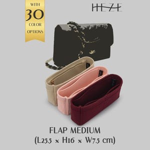May include: A black handbag with a chain strap is displayed above three organizer inserts in beige, pink, and burgundy. The inserts are labeled "FLAP MEDIUM" and measure 10 inches long, 6.3 inches high, and 3 inches wide. The image also shows a banner that says "WITH 30 COLOR OPTIONS."
