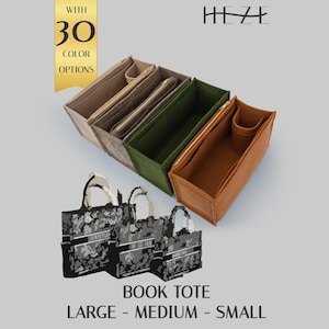 May include: Three rectangular felt purse organizers in beige, olive green, and tan, featuring multiple interior compartments and a zipper. Below, three camouflage print book totes in large, medium, and small sizes are displayed with the text HEZE.
