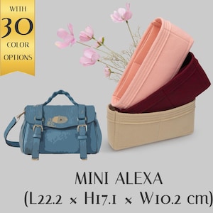 May include: A blue handbag with a top handle and shoulder strap, next to three felt bag organizers in pink, burgundy, and beige. The text reads "MINI ALEXA (L22.2 x H17.1 x W10.2 cm)" and "WITH 30 COLOR OPTIONS".