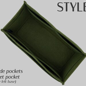May include: Olive green felt bag organizer, Style 3, with six inside pockets and one tablet pocket. The base is double felted. The text in the image describes the product's features.