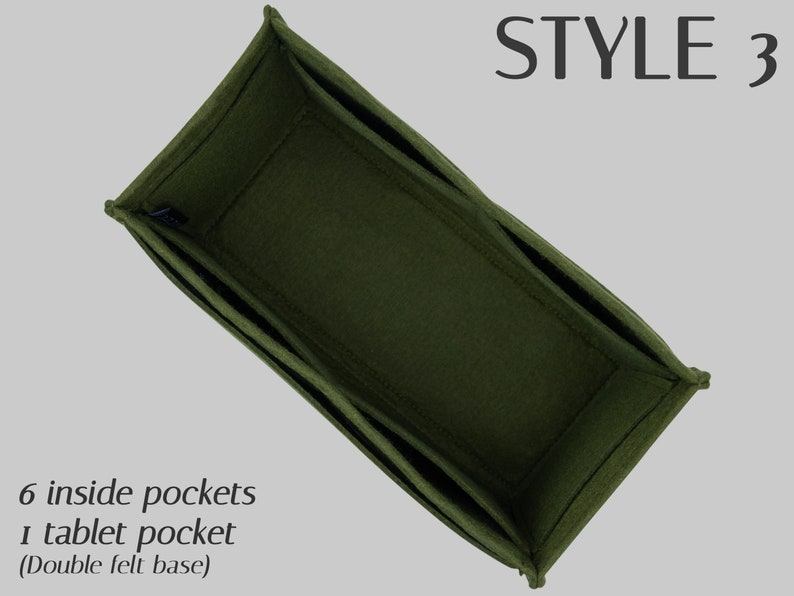 May include: Olive green felt bag organizer, Style 3, with six inside pockets and one tablet pocket. The base is double felted. The text in the image describes the product's features.