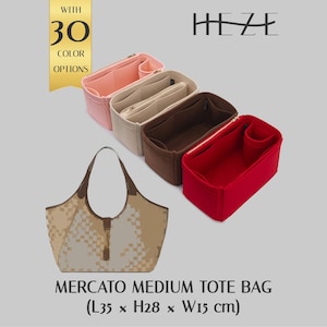 May include: A beige tote bag with a brown handle and a matching interior organizer. The image shows four interior organizers in pink, beige, brown, and red. The text reads "MERCATO MEDIUM TOTE BAG (L35 x H28 x W15 cm)" and "WITH 30 COLOR OPTIONS."