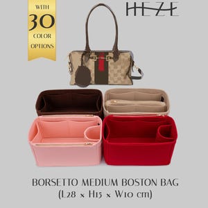 May include: A beige and brown Borsetto Medium Boston bag with a brown handle and a red stripe. The image also shows four interior bag organizers in brown, beige, pink, and red. The text reads "WITH 30 COLOR OPTIONS" and "BORSETTO MEDIUM BOSTON BAG (L28 x H15 x W10 cm)".