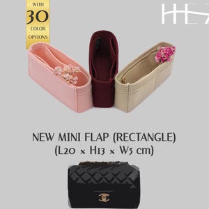May include: Three rectangular purse organizers in pink, burgundy, and beige, each with a flower arrangement. The text reads "NEW MINI FLAP (RECTANGLE) (L20 x H13 x W5 cm)" and "WITH 30 COLOR OPTIONS". A black quilted handbag is at the bottom.