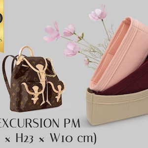 May include: Beige, pink, and burgundy felt bag inserts for a Louis Vuitton Excursion PM backpack. The bag inserts have multiple compartments and are designed to fit the bag perfectly. The bag inserts are available in 30 different colors.  The bag is 21 cm long, 23 cm high, and 10 cm wide.