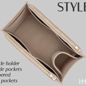 May include: Beige felt bag organizer with gold zippers and multiple pockets. The text on the image reads "STYLE I", and lists features: 1 bottle holder, 5 inside pockets, and 2 zippered outer pockets. The organizer is designed to keep items organized.
