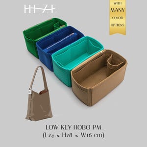 May include: Four rectangular felt handbag organizers in green, blue, teal, and tan, each featuring multiple interior compartments. A tan hobo bag is shown below with the text HEZE, WITH MANY COLOR OPTIONS, and LOW KEY HOBO PM (L24 x H28 x W16 cm).