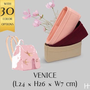 Può includere: Tre organizer per borsa in feltro color rosa chiaro, rosso scuro e beige, impilati verticalmente. Un piccolo zaino rosa con dettagli di uccelli dorati è mostrato a sinistra. Il testo recita WITH 30 COLOR OPTIONS, VENICE e (L24 x H26 x W7 cm).
