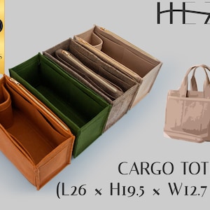 May include: A set of four felt bag organisers in brown, green, grey, and beige. The organisers are designed to fit inside a tote bag and have multiple compartments and pockets. The organisers are shown with a beige tote bag with the text "CARGO TOTE 26 (L26 x H19.5 x W12.7 cm)".