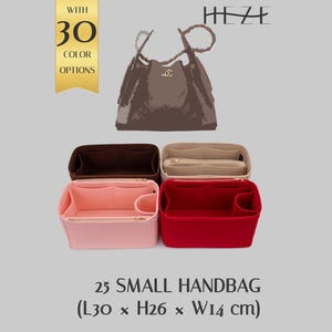 May include: A brown handbag with a gold emblem is shown above four handbag organizers in brown, beige, pink, and red. A gold banner reads "WITH 30 COLOR OPTIONS". The text "25 SMALL HANDBAG (L30 x H26 x W14 cm)" is below the organizers.
