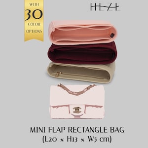 May include: A stack of three handbag organizers in pink, burgundy, and beige, with a gold zipper on the beige one. A light pink handbag illustration is at the bottom. Text reads "WITH 30 COLOR OPTIONS" and "MINI FLAP RECTANGLE BAG (L7.8 x H5.1 x W1.9 inches)".