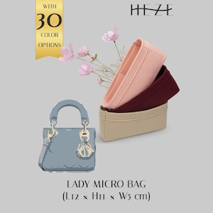 May include: A light blue micro handbag with gold hardware and a hanging charm, accompanied by three felt bag organisers in light pink, dark burgundy, and beige. The text reads HEZE, WITH 30 COLOR OPTIONS, and LADY MICRO BAG (L12 x H11 x W5 cm).