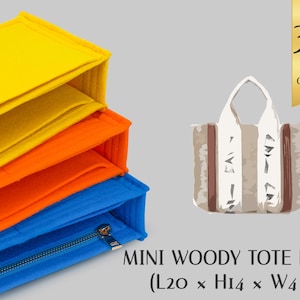 May include: A stack of colorful felt bag organizers in yellow, orange, and blue, with a zipper on the blue organizer. A beige tote bag with brown accents and the text "MINI WOODY TOTE BAG" is also shown. The image includes the text "WITH 30 COLOR OPTIONS".