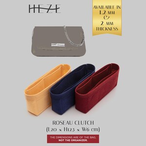 May include: A grey clutch with a silver chain strap and three felt bag organisers in yellow, navy blue, and burgundy. Text indicates availability in 1.2 mm and 2 mm thickness, and the Roseau clutch dimensions are 20 cm x 12.5 cm x 6 cm.