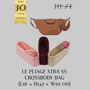 May include: A brown crossbody bag with a flap closure and adjustable strap, accompanied by three felt bag organizers in light pink, dark red, and beige. The text reads HEZE, WITH 30 COLOR OPTIONS, and LE PLIAGE XTRA XS CROSSBODY BAG (L16 x H14.5 x W10 cm).