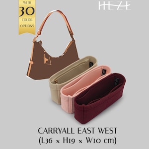 May include: Three felt handbag organizers in beige, light pink, and dark burgundy. Each organizer features multiple interior compartments and a small black brand tag. A brown handbag illustration is shown above with the text HEZE and WITH 30 COLOR OPTIONS. CARRYALL EAST WEST (L36 x H19 x W10 cm).