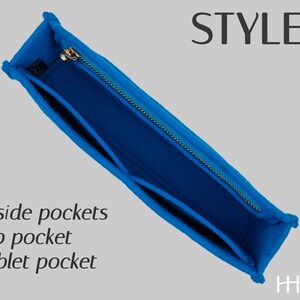 Style 1: This purse insert features a trio of interior pockets, with one zippered for added security.
(Felt Purse Insert) (Bag Organizer Insert) (Bag Shaper)
