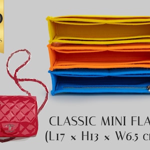 May include: A red quilted handbag with a silver chain strap and a silver clasp. The bag is 17 inches long, 13 inches high, and 6.5 inches wide. The image also shows three felt bag organizers in yellow, orange, and blue.