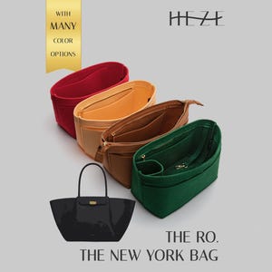 May include: A black tote bag labelled THE RO. THE NEW YORK BAG and four felt purse organisers in red, light orange, brown, and dark green. The brand name HEZE is visible at the top, and a gold banner states WITH MANY COLOR OPTIONS.