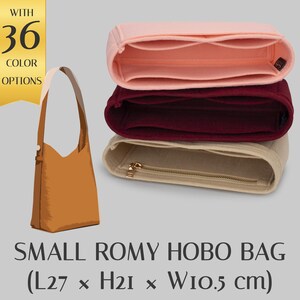 May include: Three felt bag organizers in light pink, dark red, and beige, stacked vertically. Beside them is a brown hobo bag illustration and a gold banner stating WITH 36 COLOR OPTIONS. Text reads SMALL ROMY HOBO BAG (L27 x H21 x W10.5 cm).