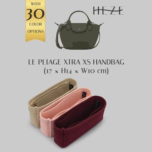 May include: A dark olive green handbag labeled HEZE LE PLIAGE XTRA XS HANDBAG with dimensions 17 x 14 x 10 cm. Below, three felt handbag organizers are displayed in beige, light pink, and deep burgundy, each featuring internal compartments.