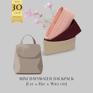 May include: A taupe mini Bayswater backpack with a top handle and flap closure. The image also shows three felt organizers in pink, burgundy, and beige, with dimensions of L21 x H21 x W9.5 cm. The text indicates 30 color options.