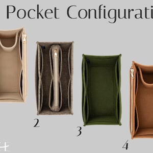 May include: Four felt bag organizers in various colors: beige, gray, olive green, and brown. Each organizer has multiple pockets and a zippered closure. The text "Pocket Configuration" is at the top.